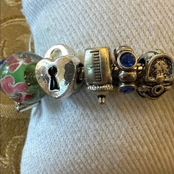 Elegant Silver Pandora Style Charm Bracelet w/ Blue, Green & Baby type Accents - Picture 2 of 5